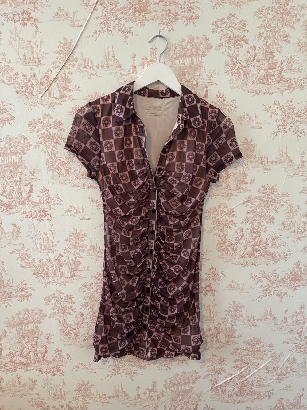 Urban Outfitters Mauve and Brown Checkered Ruched Button-Front Mini Dress
